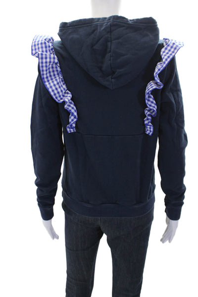 Addison Bay Womens Cotton Checkered Ruffle Detail Pullover Hoodie Navy Size S