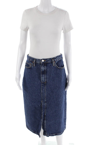 MNG Womens Denim Front Slit Zip Up Maxi Skirt Blue Cotton Size 8