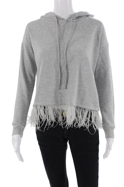 Aqua Womens Pullover Feather Trim Hoodie Sweatshirt Gray Cotton Size XS