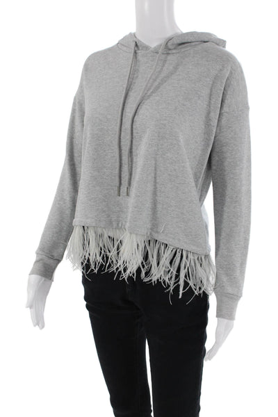 Aqua Womens Pullover Feather Trim Hoodie Sweatshirt Gray Cotton Size XS