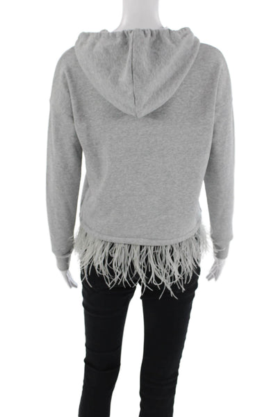 Aqua Womens Pullover Feather Trim Hoodie Sweatshirt Gray Cotton Size XS