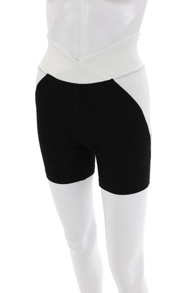 Year Of Ours Womens High Rise Ribbed Knit Biker Shorts Black White Size XS