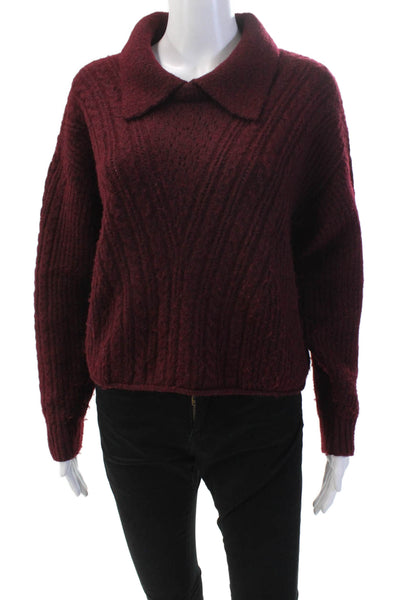 525 Womens Cable Knit Collar Long Sleeve Sweater Top Dark Red Size M