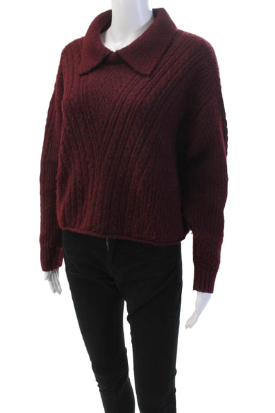 525 Womens Cable Knit Collar Long Sleeve Sweater Top Dark Red Size M
