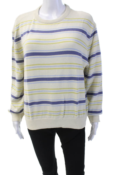MNG Womens Cotton Crew Neck Striped Pullover Sweater Cream Multi Size M