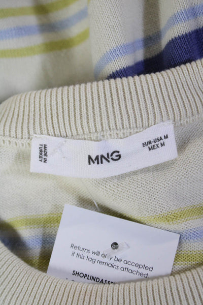 MNG Womens Cotton Crew Neck Striped Pullover Sweater Cream Multi Size M