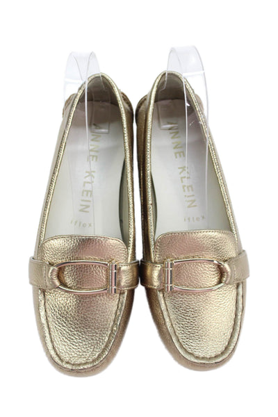 Anne Klein Womens Leather Textured Metallic Slip On Loafer Flats Gold Size 6