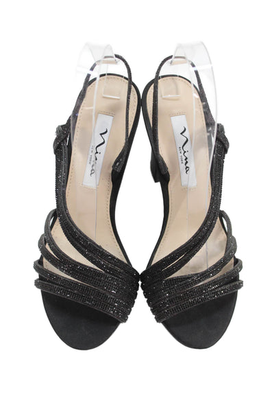 Nina Nelena Shiny Textured Slip On Open Toe Strappy Block Heels Black Size 7