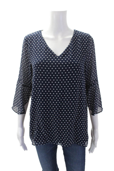 Calvin Klein Womens Textured Long Sleeve V-neck Polka Dot Top Blue Size S
