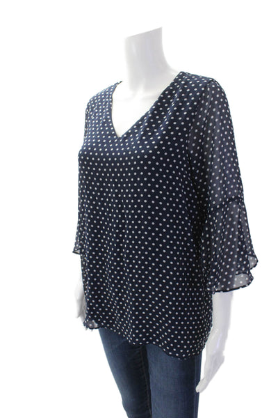 Calvin Klein Womens Textured Long Sleeve V-neck Polka Dot Top Blue Size S