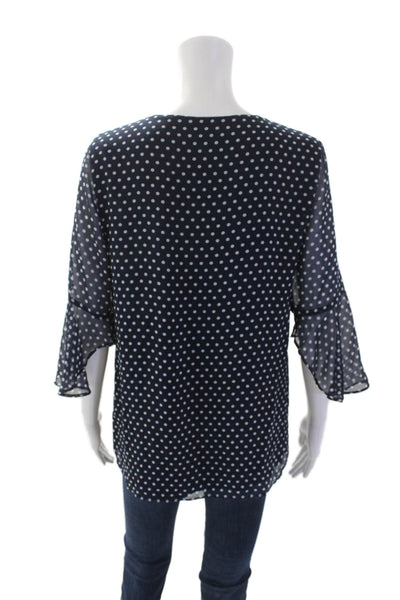 Calvin Klein Womens Textured Long Sleeve V-neck Polka Dot Top Blue Size S