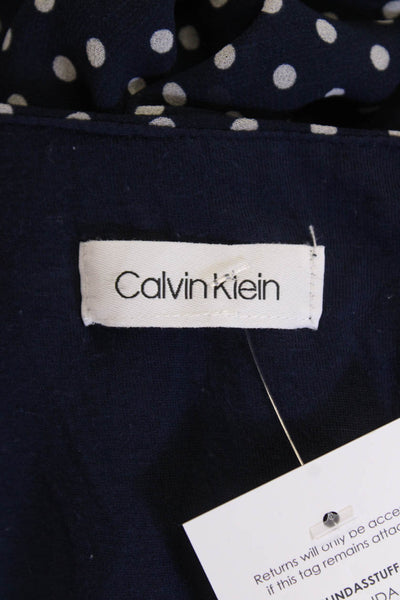 Calvin Klein Womens Textured Long Sleeve V-neck Polka Dot Top Blue Size S