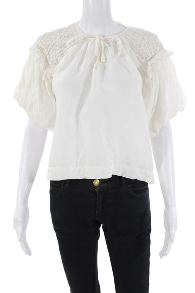 Self Contrast Textured Short Puff Sleeve Lightweight Blouse White Size S