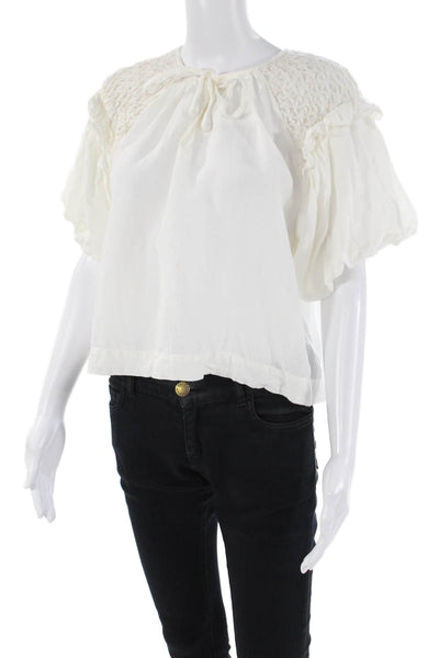 Self Contrast Textured Short Puff Sleeve Lightweight Blouse White Size S