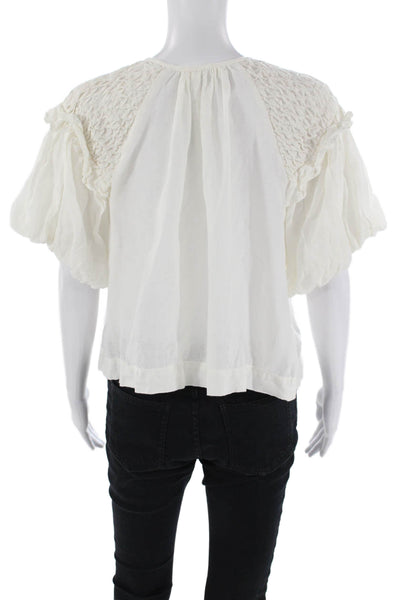 Self Contrast Textured Short Puff Sleeve Lightweight Blouse White Size S