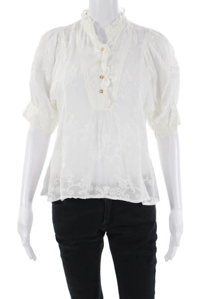 Anthropologie Womens Embroidered Print Short Sleeve Sheer Blouse White Size XS