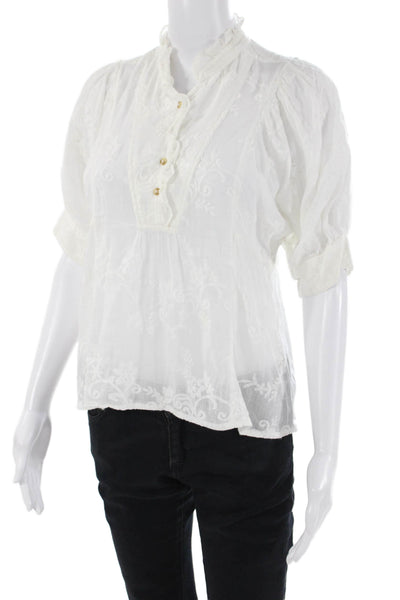 Anthropologie Womens Embroidered Print Short Sleeve Sheer Blouse White Size XS