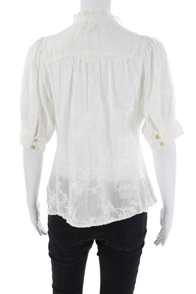 Anthropologie Womens Embroidered Print Short Sleeve Sheer Blouse White Size XS
