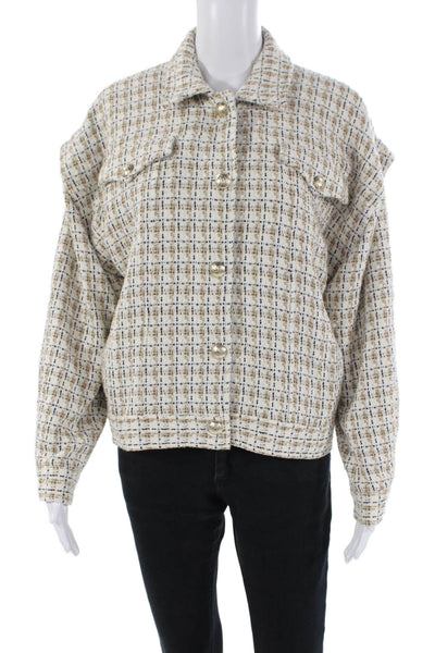 Intermix Womens Cotton Textured Collar Long Sleeve Jacket Brown Size S