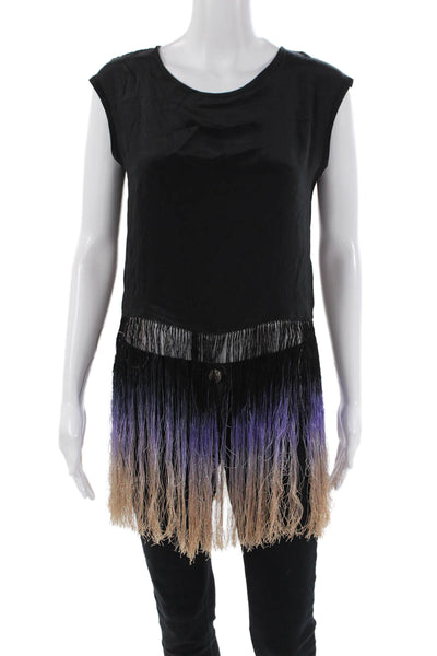 Karina Grimaldi Womens Silk Fringe Detail Scoop Neck Blouse Top Black Size M