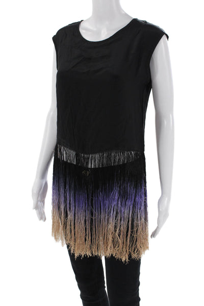 Karina Grimaldi Womens Silk Fringe Detail Scoop Neck Blouse Top Black Size M