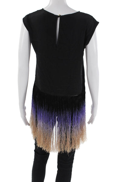 Karina Grimaldi Womens Silk Fringe Detail Scoop Neck Blouse Top Black Size M