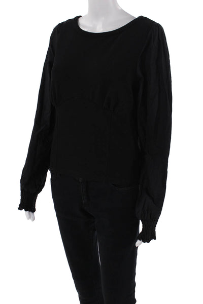 Anthropologie Womens Long Smocked Sleeves Pullover Blouse Black Size Medium