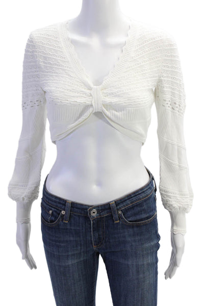 Alexis Womens Ribbed Detail Scalloped Edge Long Sleeve Crop Top White Size S