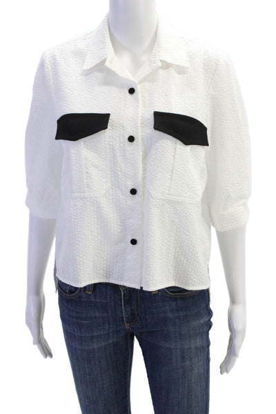 Kimberly Taylor Womens Collared Contrast Pocket Cropped Blouse White Size XS