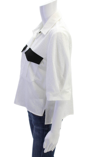 Kimberly Taylor Womens Collared Contrast Pocket Cropped Blouse White Size XS