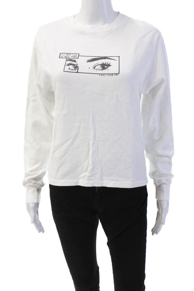 Brandy Melville Womens Cotton Crew Neck Long Sleeve Eye Motif Top White One Size