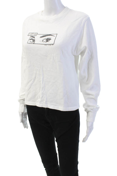 Brandy Melville Womens Cotton Crew Neck Long Sleeve Eye Motif Top White One Size