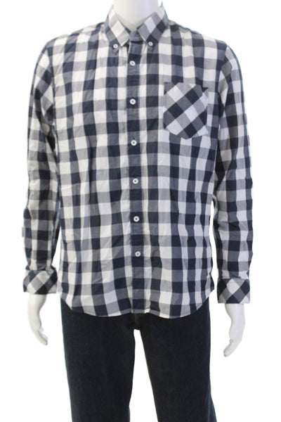 7 Diamonds Womens Cotton Geometric Print Button Down Shirt Blue Size L
