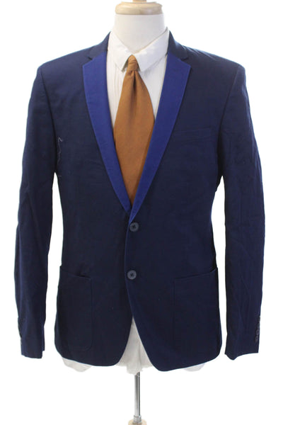 Michael Kors Mens Cotton Contrast Collar Pocketed Two Button Blazer Blue Size L