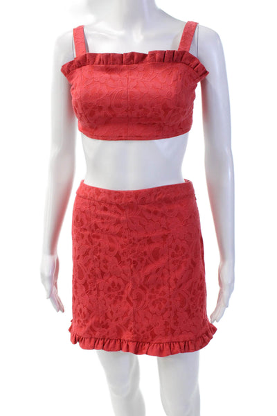 Free People Womens Cotton Floral Ruffle Detail Crop Top & Shorts Set Red Size XS