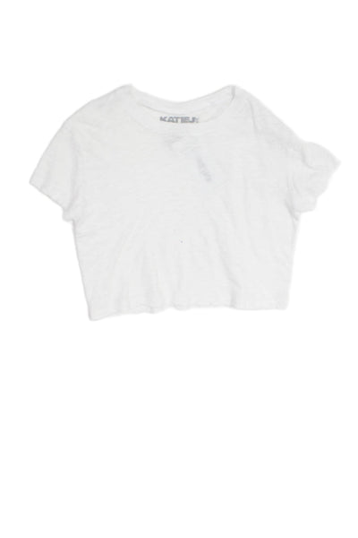 Katie J Girls Short Sleeve Crew Neck Cropped Tee Shirt White Cotton Size Medium