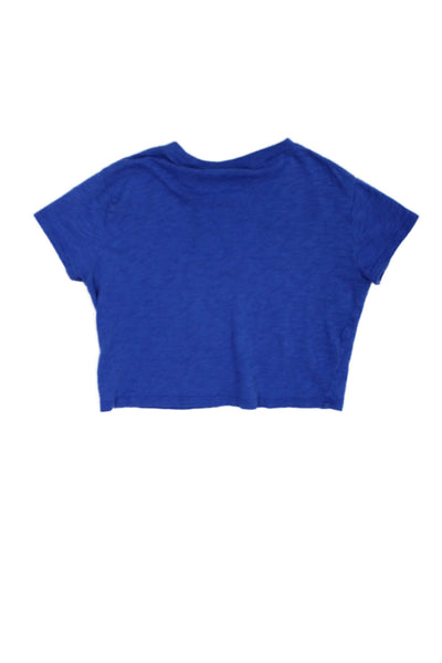 Katie J Girls Short Sleeve Crew Neck Cropped Tee Shirt Blue Cotton Size Medium