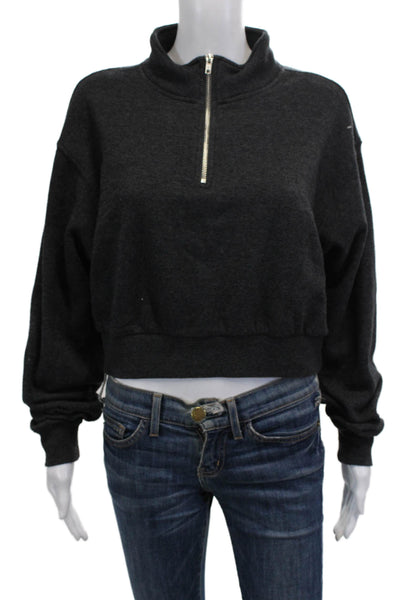 Katie J Womens Long Sleeve Half Zip Cropped Sweatshirt Gray Cotton Size XS