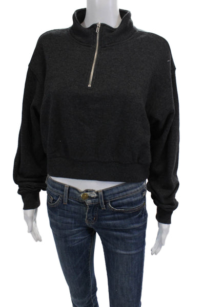Katie J Womens Long Sleeve Half Zip Cropped Sweatshirt Gray Cotton Size XS