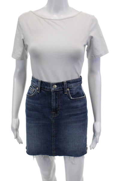 7 For All Mankind Womens Zipper Fly Fringe Denim Pencil Skirt Blue Size 27