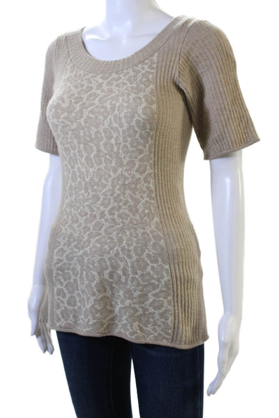 La Perla Womens Short Sleeve Leopard Print Knit Top Brown Wool Size Small
