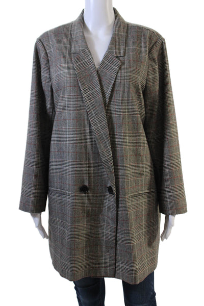 Mural Womens Double Breasted Notched Lapel Plaid Blazer Brown Size Large