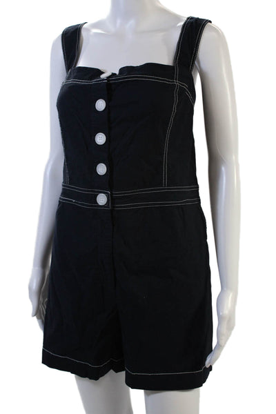 Nicole Miller Womens Sleeveless Square Neck Romper Navy White Cotton Size XL