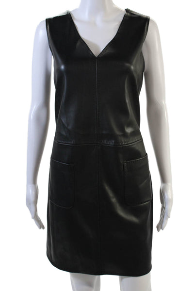 Max Studio Womens Sleeveless V Neck Knee Length Leather Shift Dress Black Medium