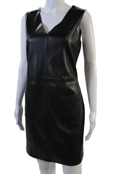 Max Studio Womens Sleeveless V Neck Knee Length Leather Shift Dress Black Medium