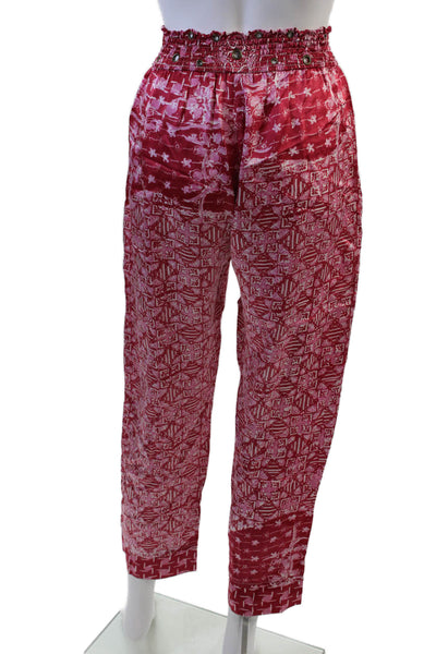 Poupette St. Barth Womens Satin Grommet Detail Smocked Waist Pants Red Size M