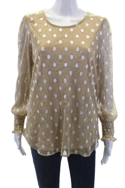 Adrianna Papell Womens Long Sleeve V-neck Polka Dot Top Gold Tone Size M