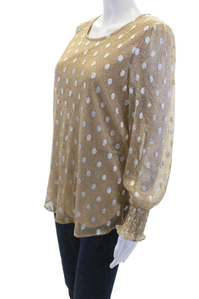 Adrianna Papell Womens Long Sleeve V-neck Polka Dot Top Gold Tone Size M