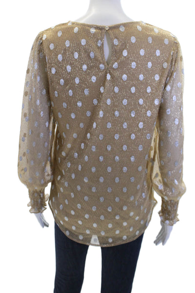 Adrianna Papell Womens Long Sleeve V-neck Polka Dot Top Gold Tone Size M