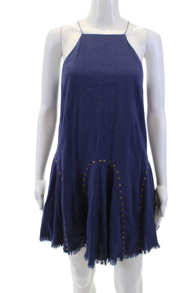 Moon River Womens Embellished Halter Neck Sleeveless Mini Dress Blue Size M
